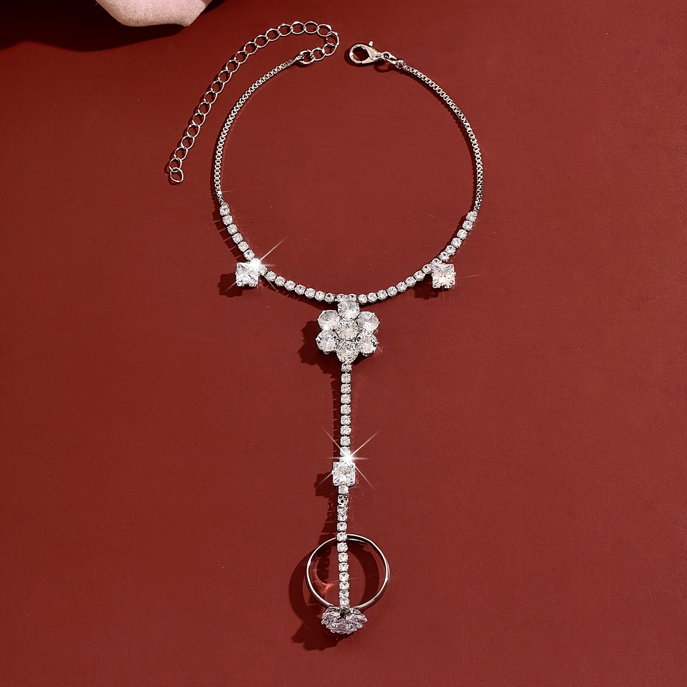 Women's Floral Inlaid Rhinestone Wrist Chain Bracelet